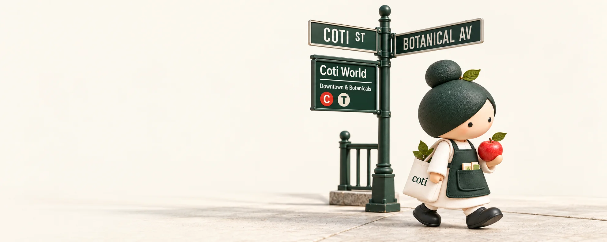 Cotiny, a tiny botanical curator with a leaf-veined bun and green apron, walking past a New York street-sign post reading COTI St, Botanical Av and Coti World, holding a red apple and a coti tote bag