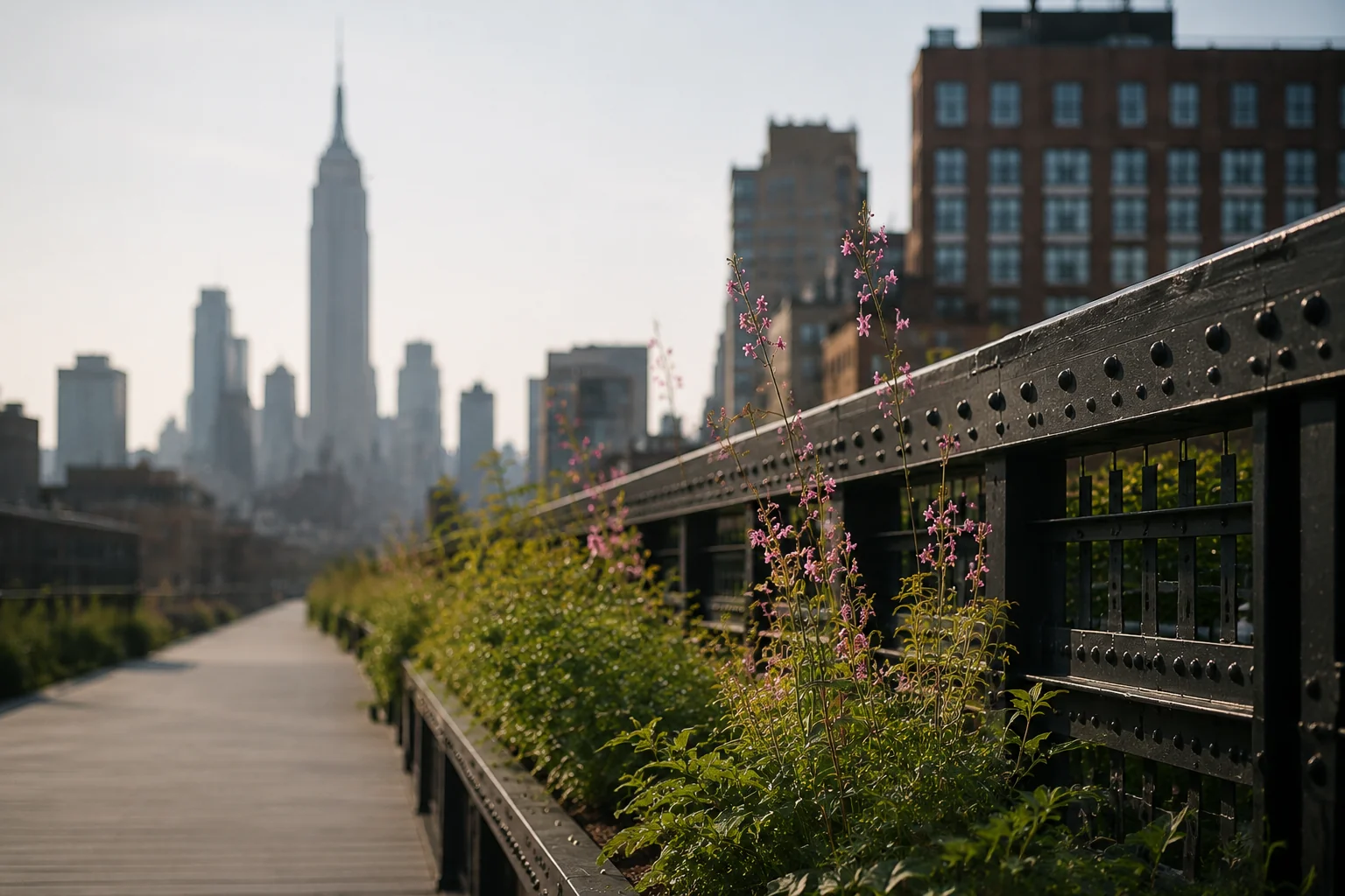 A city walkway with the New York skyline beyond, framed by lush green plants in the foreground