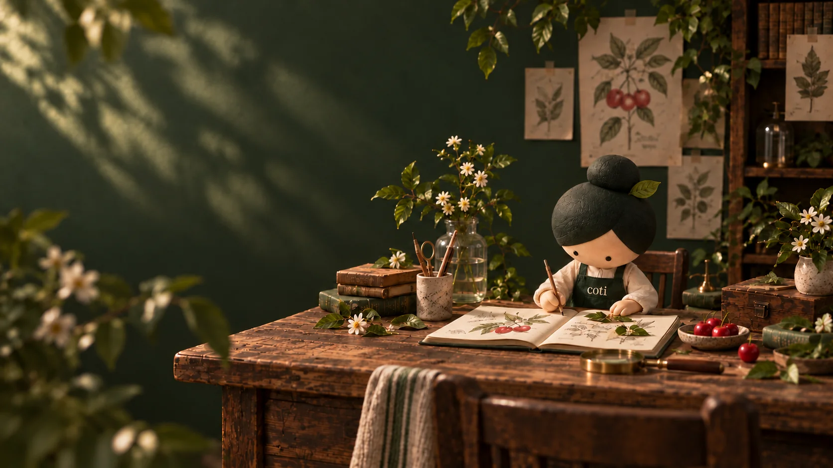 Cotiny at a worn wooden desk, drawing in an open botanical notebook beside a vase of white flowers and botanical prints