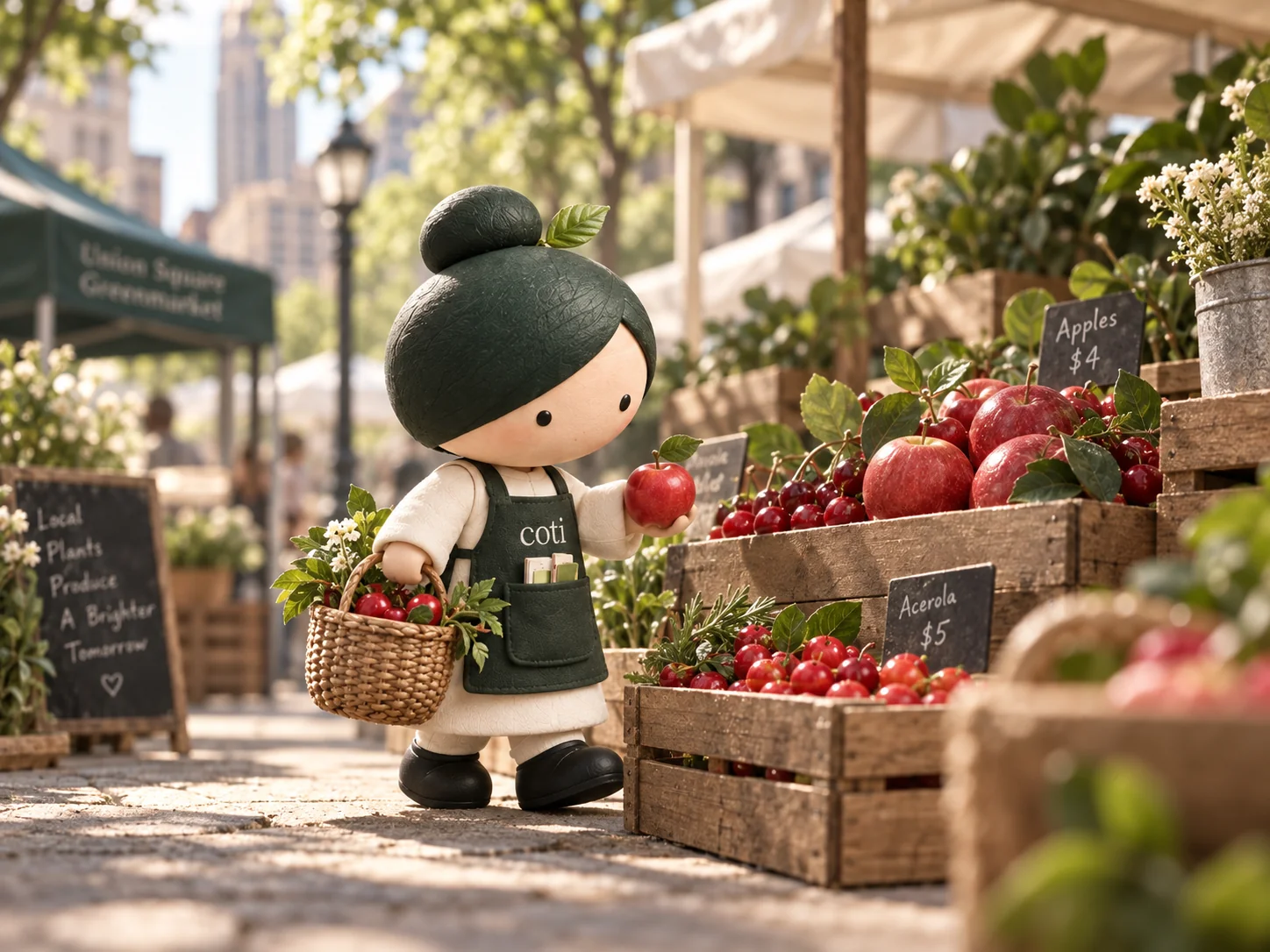 Cotiny choosing a fresh apple at an outdoor city farmers market