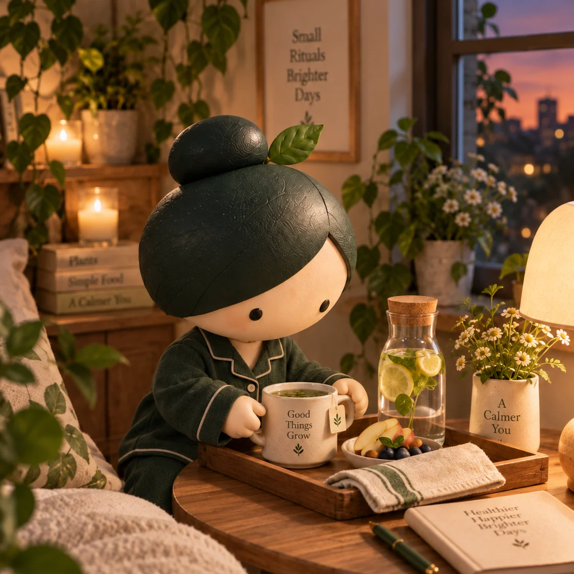 Cotiny winding down with tea in a warm, candlelit evening room